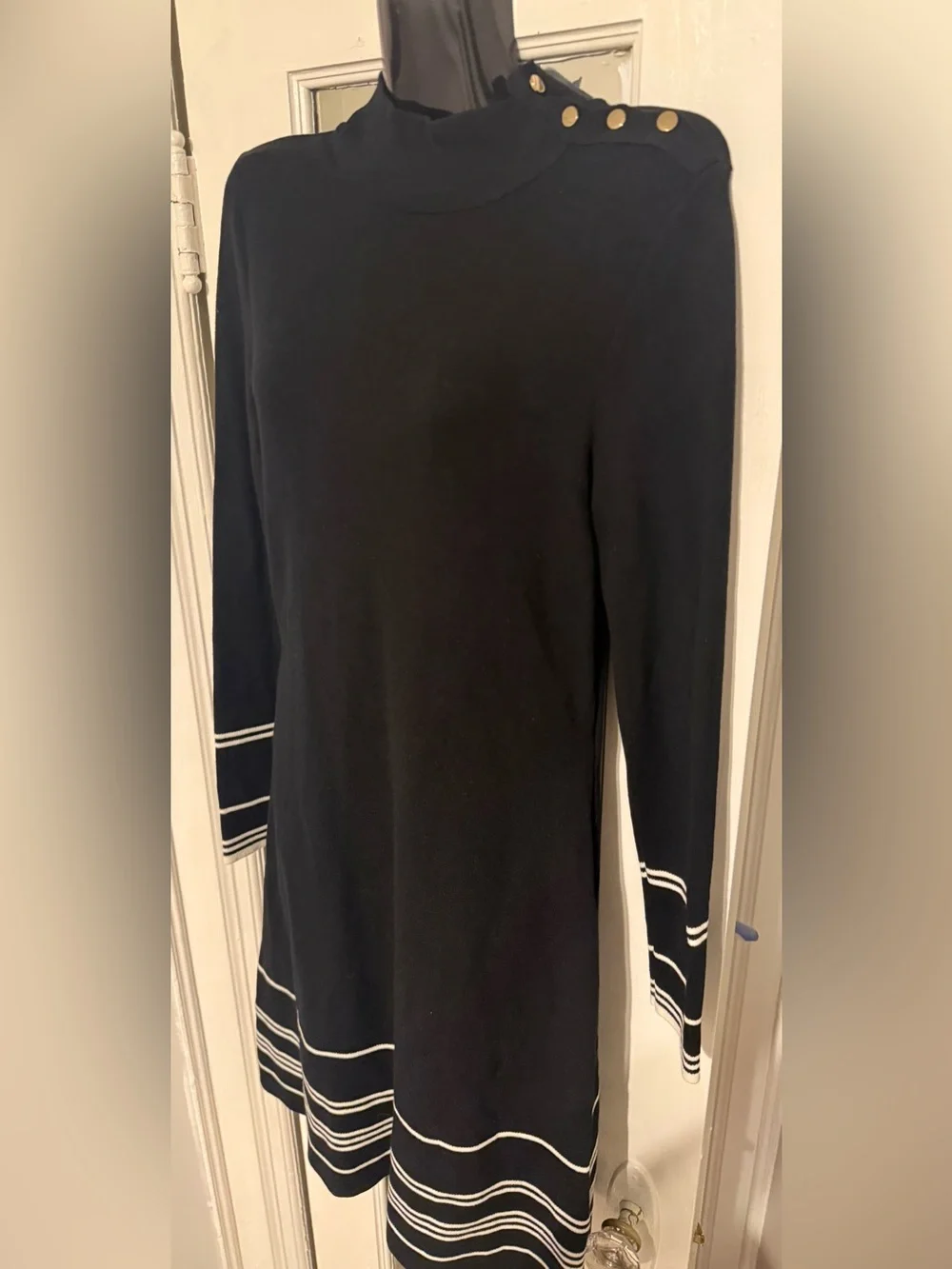 Ann Taylor Black White Striped Trim Mock Neck Sweater Dress Gold Buttons Medium